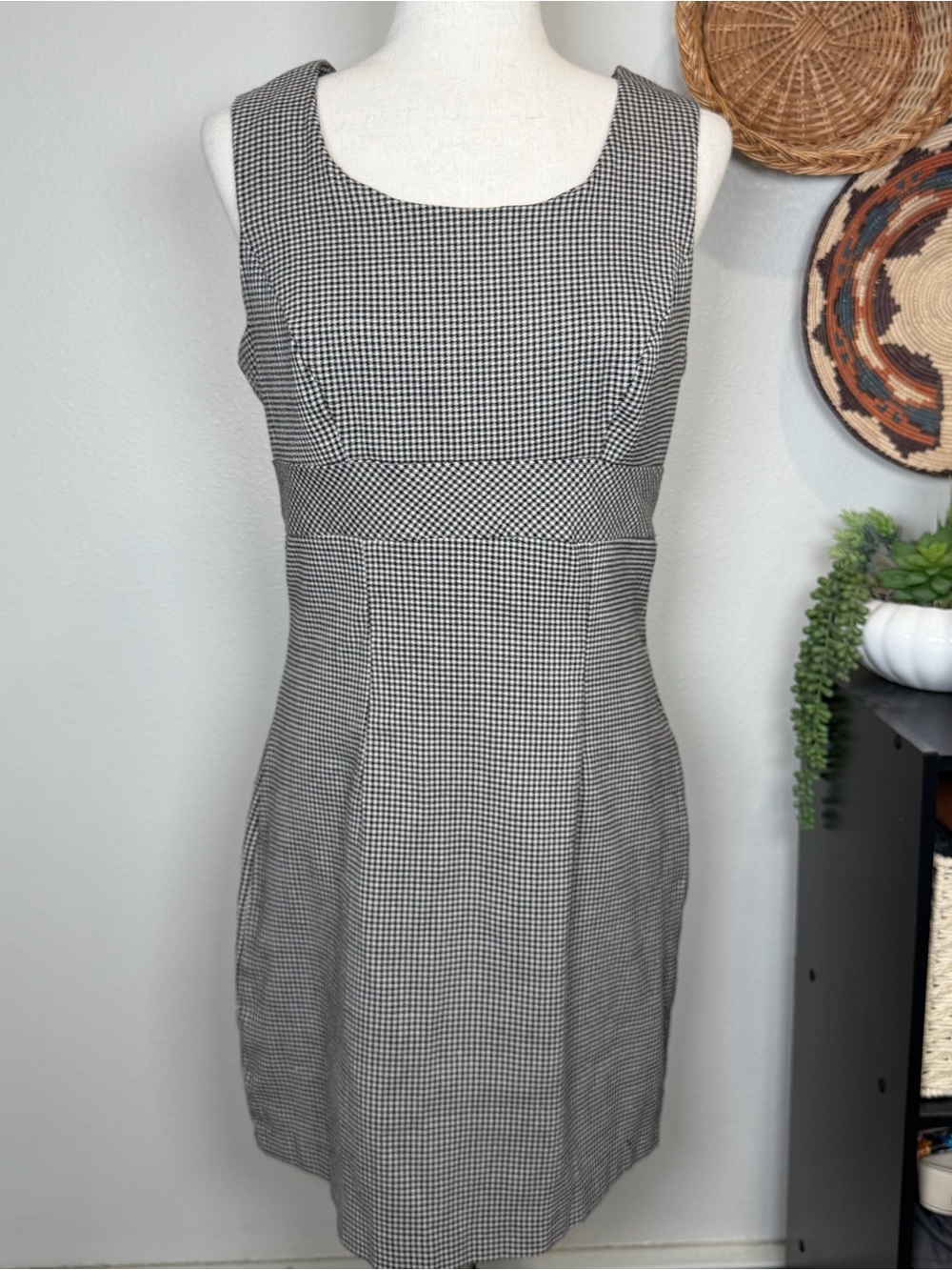 Vintage Y2K Houndstooth Print Dress School Girl Tan Black White Size Large
